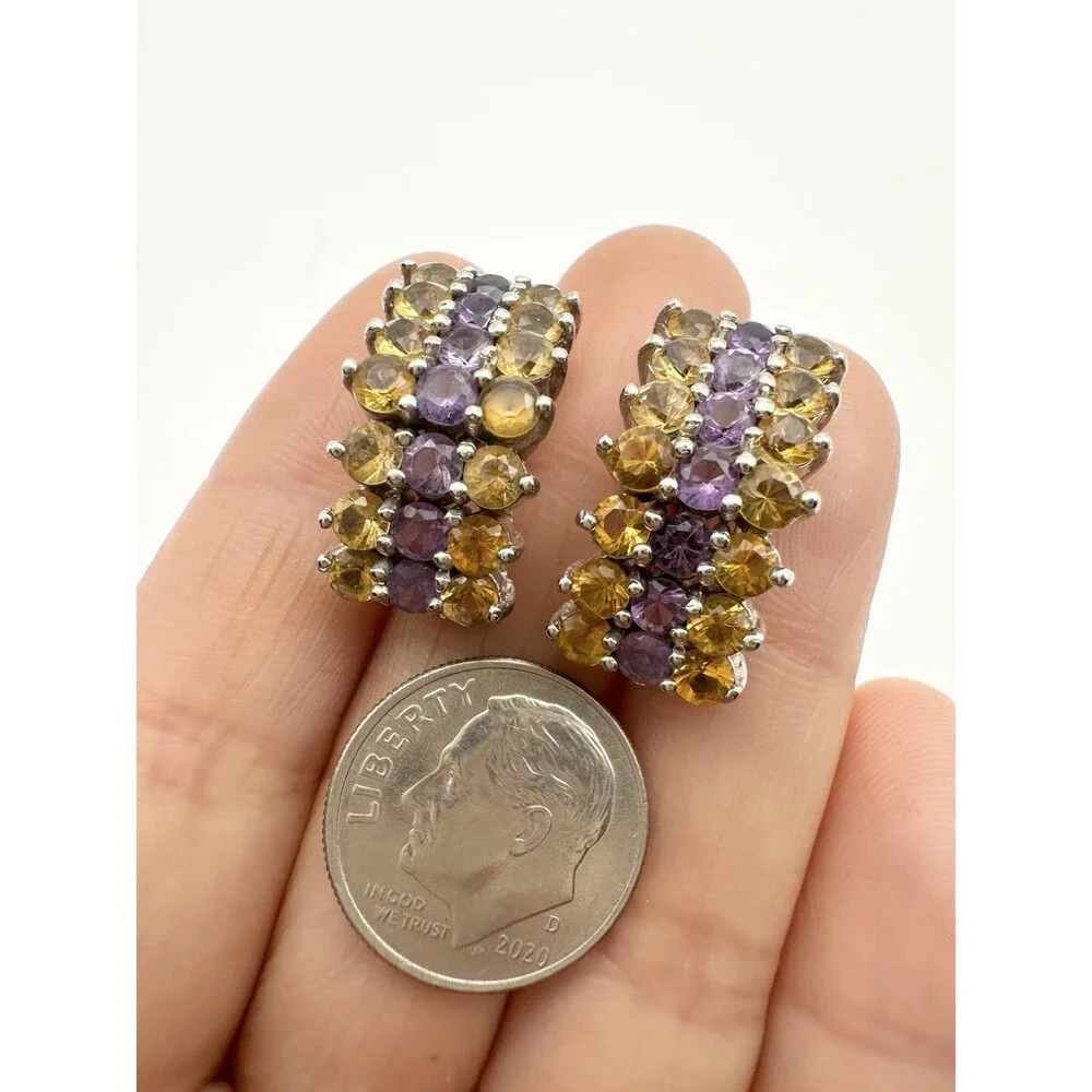 925 Sterling Silver Citrine Amethyst Earrings Half Hoop Post